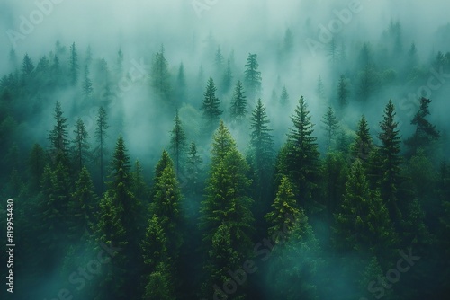 Featuring a many pine trees stand on a fog filled forest, high quality, high resolution photo