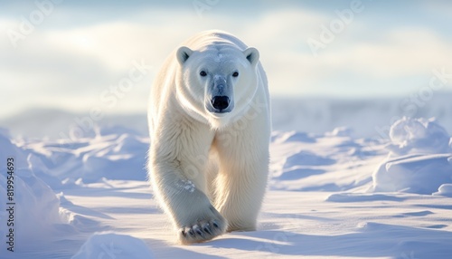 Polar bears walks in extreme winter weather  standing above snow with a view of the frost mountains