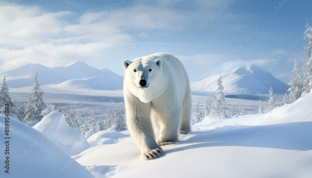 Polar bears walks in extreme winter weather, standing above snow with a view of the frost mountains Polar bears walks in extreme winter weather, standing above snow with a view of the frost mountains