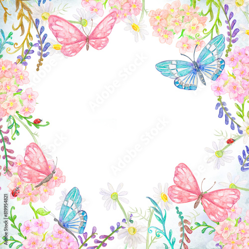 invitation card with frame of delicate wildflowers, butterflies and ladybugs. watercolor painting.