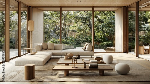 A modern living room with large glass windows, a wooden ceiling, and a large cream-colored sectional sofa.
