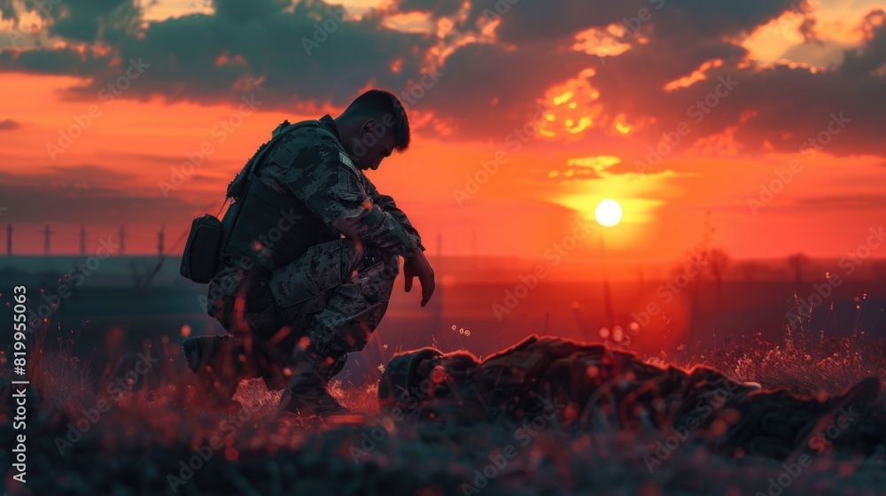 A military man kneeling in front of Fallen Soldier grave evening time for anzac day concept A military man kneeling in front of Fallen Soldier grave evening time for anzac day concept