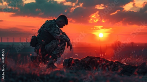 A military man kneeling in front of Fallen Soldier grave evening time for anzac day concept