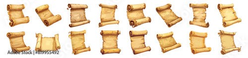 Cartoon golden old scroll of parchment icon set. Golden old scroll of parchment icon collection - stock vector.