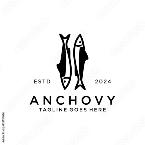anchovy fish logo hipster vintage retro label emblem packaging vector icon seafood illustration. Anchovy small forage fish isolated icon