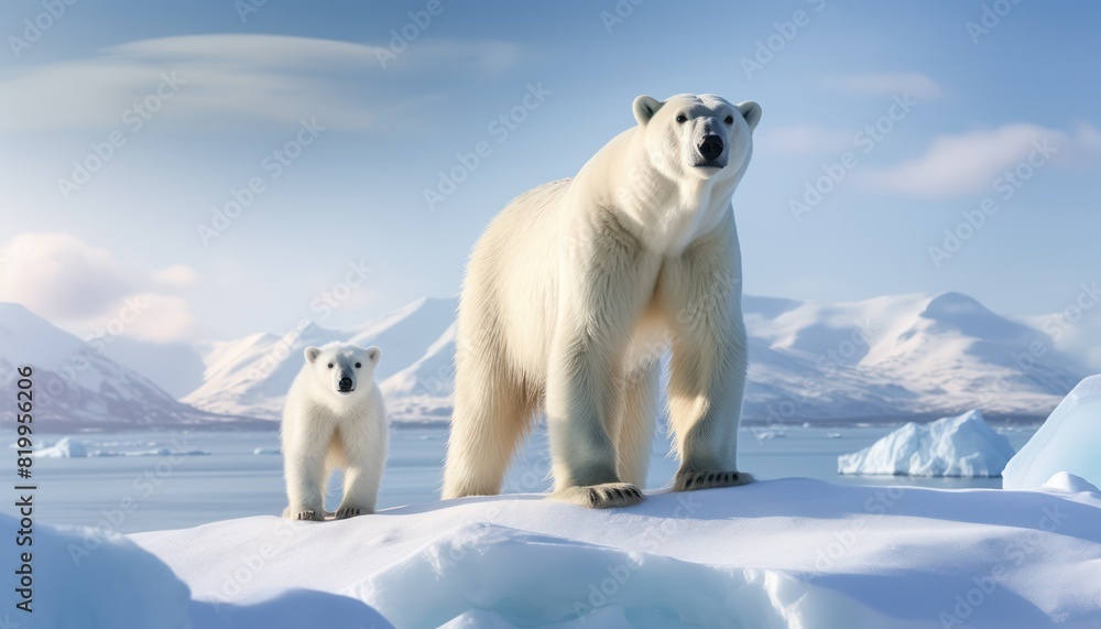 Polar bears walks in extreme winter weather, standing above snow with a view of the frost mountains Polar bears walks in extreme winter weather, standing above snow with a view of the frost mountains