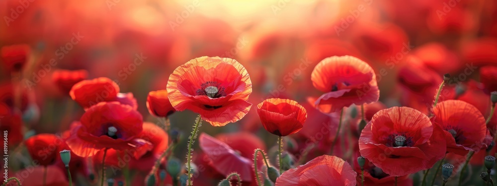 Obraz premium Red poppy flowers in park or garden for memorial day concept