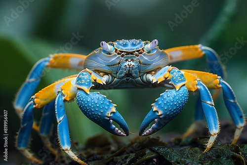 Photo of a blue crab with blue & yellow tails, high quality, high resolution