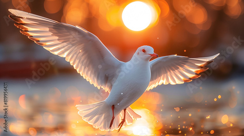 A seagull in mid-flight with wings spread wide, illuminated by the golden glow of the setting sun in the background. The bird is captured in sharp focus, while the background is beautifully blurred