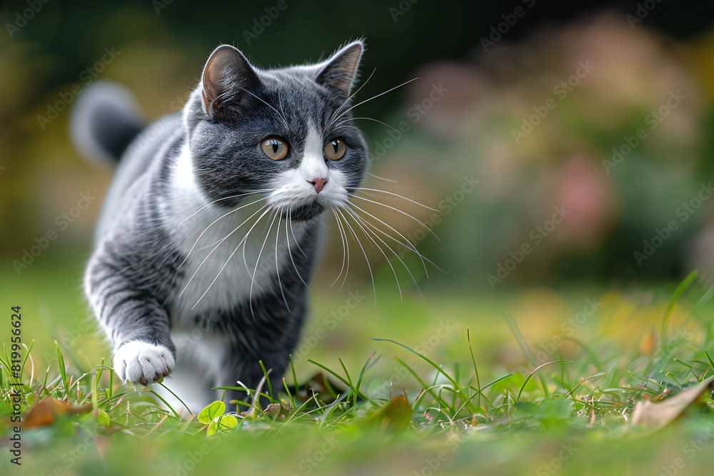 Featuring a  gray and white cat walks across a grassy field