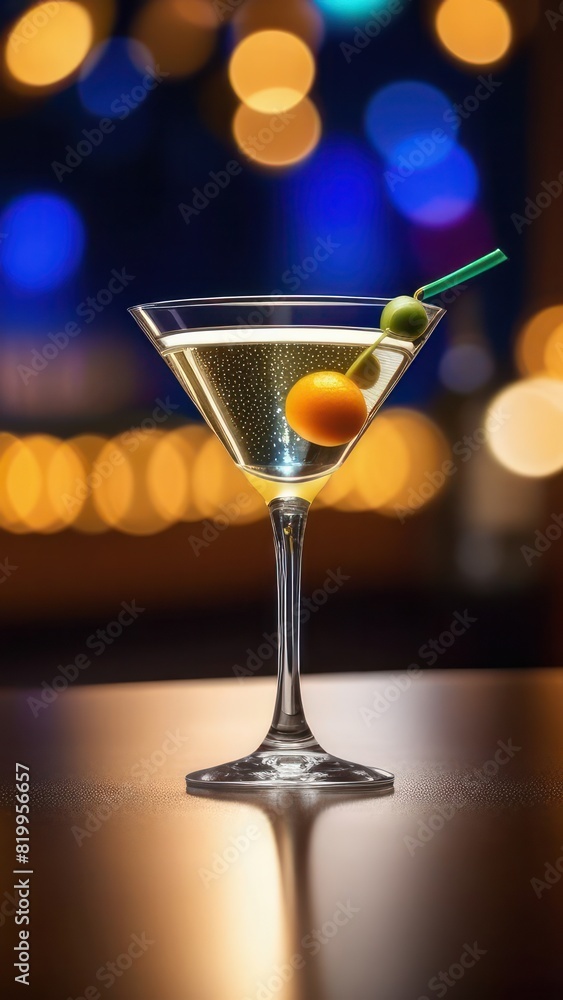 martini glass filled with a clear beverage, set against background of cool, out-of-focus lights. scene exudes chic and sophisticated atmosphere, ideal for nightlife and celebration themes martini glass filled with a clear beverage, set against background of cool, out-of-focus lights. scene exudes chic and sophisticated atmosphere, ideal for nightlife and celebration themes