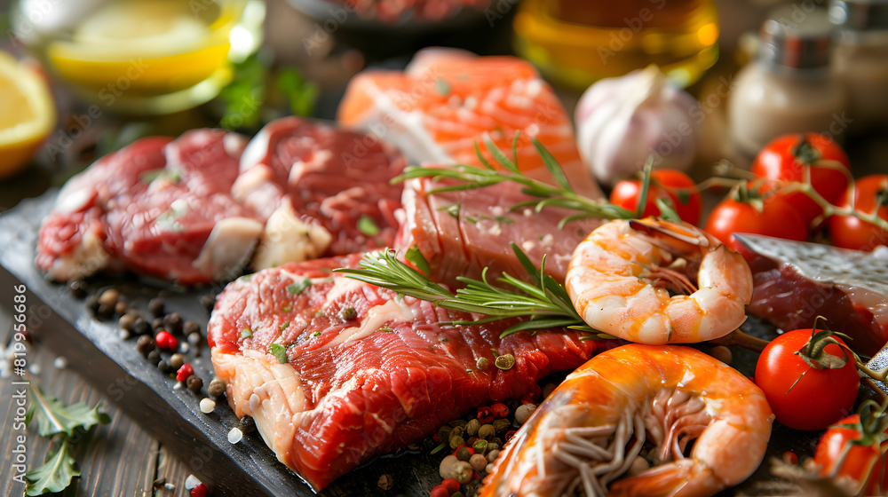 High-resolution close-up of an online menu with diverse flesh food options, including prime steaks and seafood, showcasing appeal High-resolution close-up of an online menu with diverse flesh food options, including prime steaks and seafood, showcasing appeal