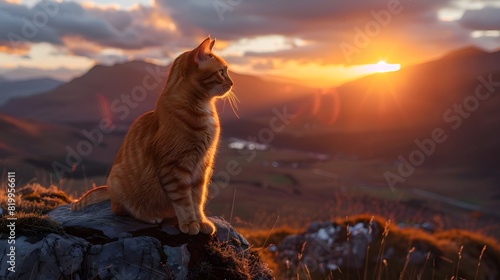 A ginger cat sits on the top of mountain and watches sunset over distant hills, award winning photography by national geographic. 