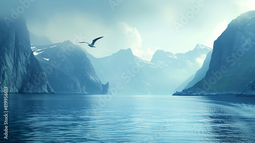 A serene fjord landscape with calm waters, surrounded by towering mountains and a single bird flying in the sky.