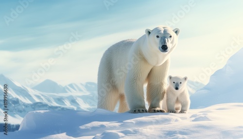 Polar bears walks in extreme winter weather, standing above snow with a view of the frost mountains