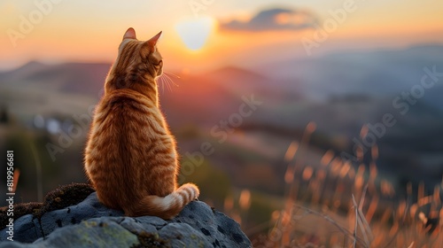 A ginger cat sits on the top of mountain and watches sunset over distant hills, award winning photography by national geographic. 