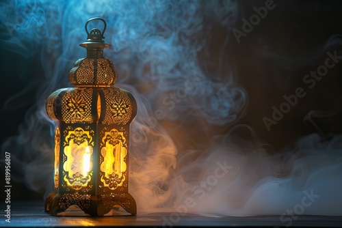 Featuring a lit lantern sits next to a dark background, high quality, high resolution