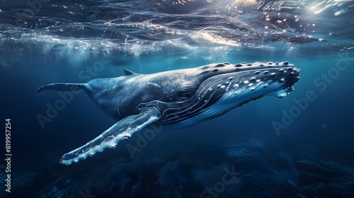 A humpback whale swimming in the ocean, blue water, underwater photography, in the style of national geographic photography.  © horizor
