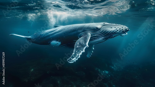 A humpback whale swimming in the ocean  blue water  underwater photography  in the style of national geographic photography. 