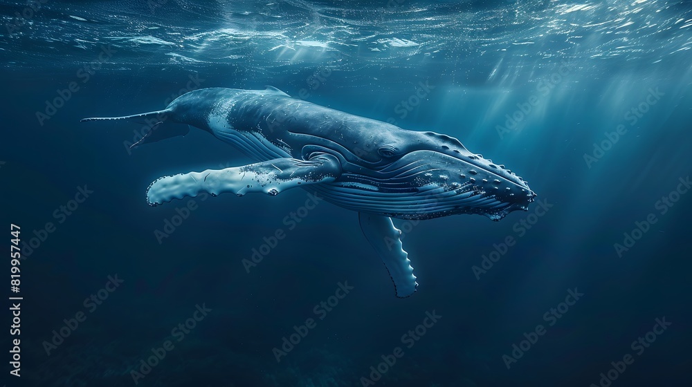 A humpback whale swimming in the ocean, blue water, underwater photography, in the style of national geographic photography.
A humpback whale swimming in the ocean, blue water, underwater photography, in the style of national geographic photography.
