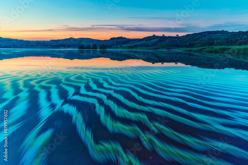 Mesmerizing chevron waves in blue and green on a tranquil lake at dawn.