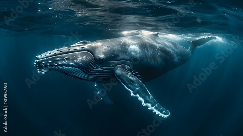 A humpback whale swimming in the ocean, blue water, underwater photography, in the style of national geographic photography.  © horizor