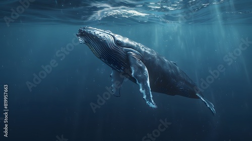 A humpback whale swimming in the ocean  blue water  underwater photography  in the style of national geographic photography. 