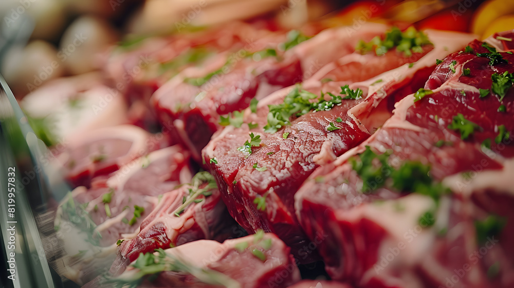 High-resolution close-up of different fresh meat cuts featured on a sophisticated e-commerce platform, showcasing their quality