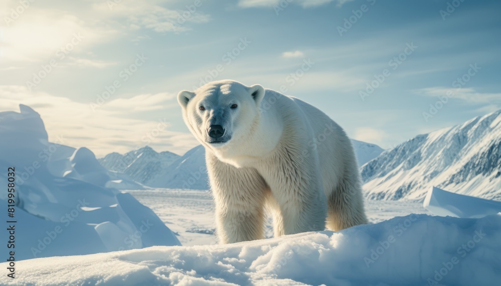 Polar bears walks in extreme winter weather, standing above snow with a view of the frost mountains Polar bears walks in extreme winter weather, standing above snow with a view of the frost mountains