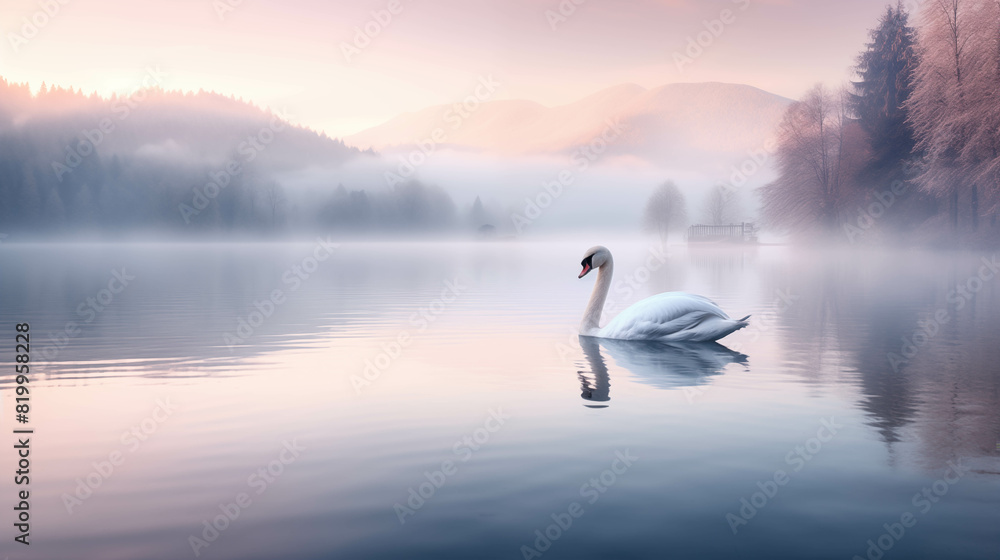 Serene swan gliding on misty lake at dawn, with pastel-colored mountains and forest reflected in calm waters, creating a dreamlike ambiance. Serene swan gliding on misty lake at dawn, with pastel-colored mountains and forest reflected in calm waters, creating a dreamlike ambiance.