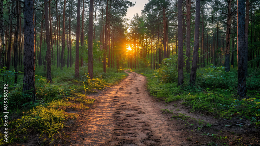 Naklejka premium A serene forest path at sunset with tall trees and lush greenery.
