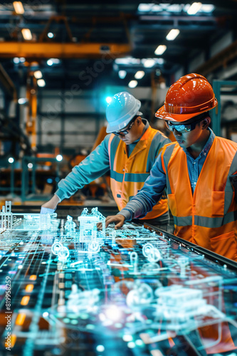 Factory workers examine digital twin model for machinery optimization in manufacturing plant.
