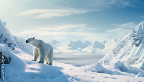 Polar bears walks in extreme winter weather, standing above snow with a view of the frost mountains © Virgo Studio Maple