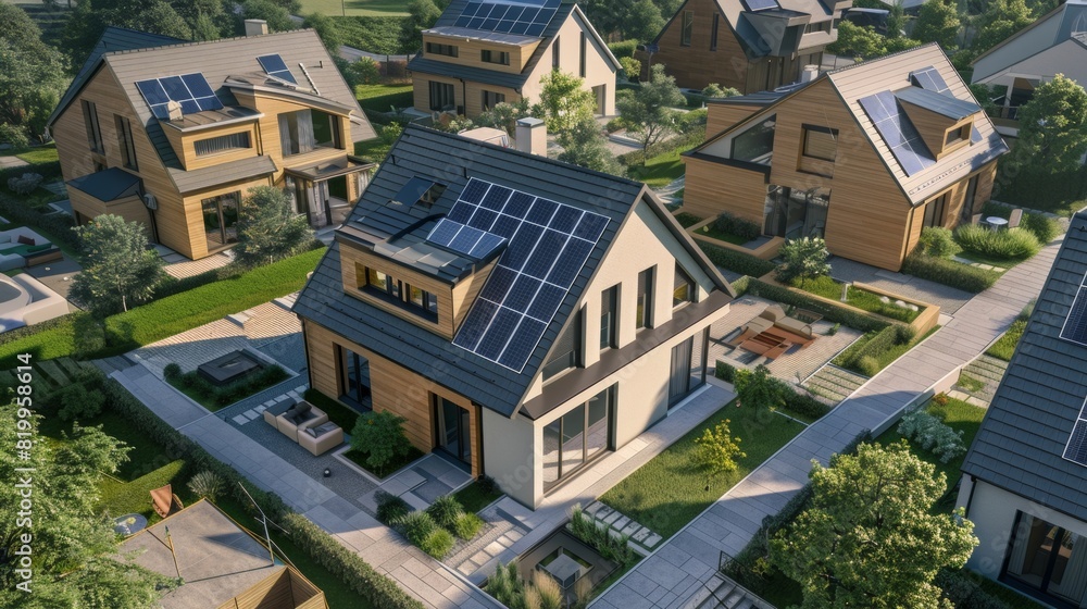 New suburban house with a photovoltaic system on the roof. Modern eco friendly passive house with landscaped yard. Solar panels on the gable roof New suburban house with a photovoltaic system on the roof. Modern eco friendly passive house with landscaped yard. Solar panels on the gable roof