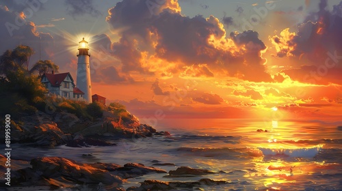 A lighthouse stands on the rocky shore, illuminated by its light against the backdrop of an orange sunset with clouds in the sky. 