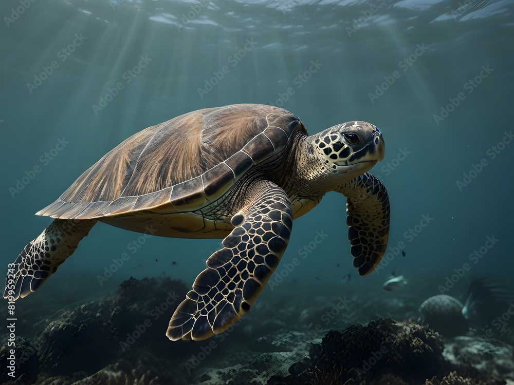 Obraz premium A majestic turtle gracefully glides through the vast ocean, showcasing its serene beauty and tranquility