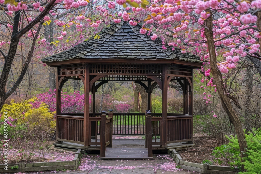 Japanese pavilion gazebo in blooming sakura trees Japanese pavilion gazebo in blooming sakura trees