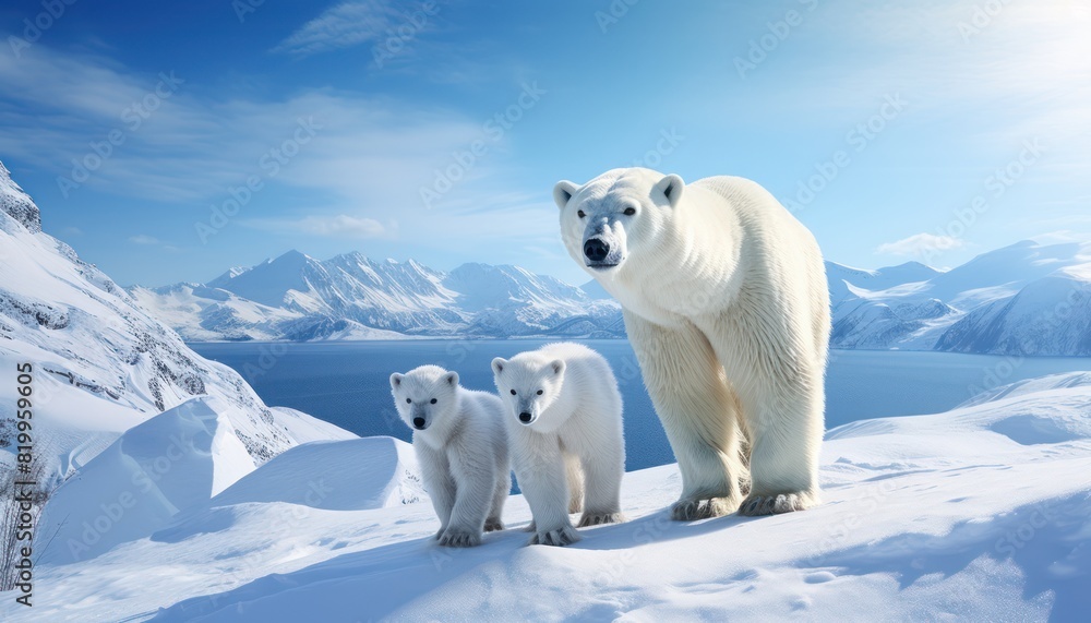 Polar bears walks in extreme winter weather, standing above snow with a view of the frost mountains Polar bears walks in extreme winter weather, standing above snow with a view of the frost mountains