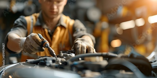 Auto mechanic repairing cars at an automotive repair service. Concept Car maintenance, Auto repairs, Engine diagnostics, Tire replacements, Brakes services