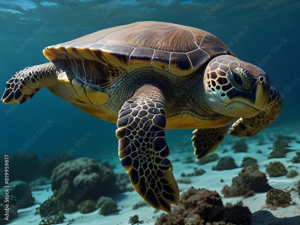 Fototapeta premium A majestic turtle gracefully glides through the vast ocean, showcasing its serene beauty and tranquility