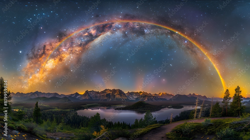 A panoramic photo of the Milky Way over Lake Celestial's summer night sky, featuring vibrant colors and a radiant rainbow arching across its center.
A panoramic photo of the Milky Way over Lake Celestial's summer night sky, featuring vibrant colors and a radiant rainbow arching across its center.