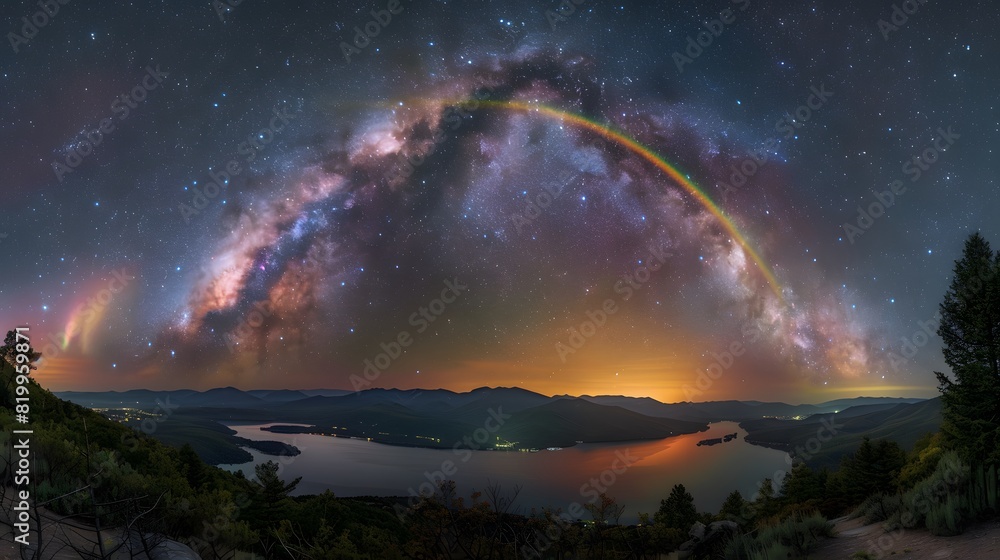 A panoramic photo of the Milky Way over Lake Celestial's summer night sky, featuring vibrant colors and a radiant rainbow arching across its center.
