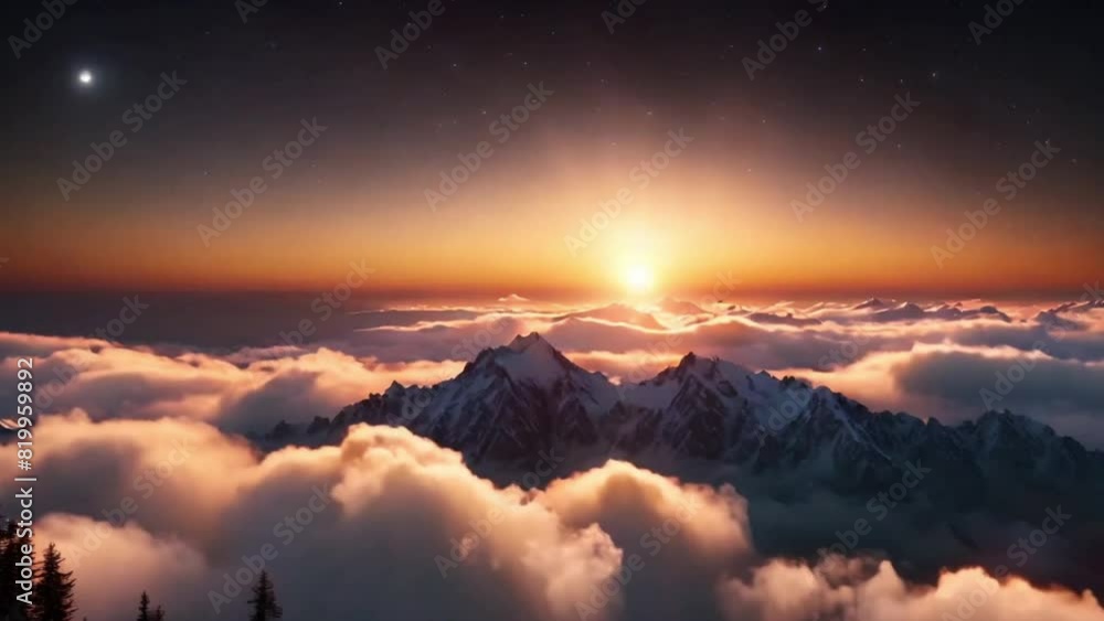 the sun sets behind the majestic mountains, casting a beautiful orange glow across the landscape with stunning clouds the sun sets behind the majestic mountains, casting a beautiful orange glow across the landscape with stunning clouds