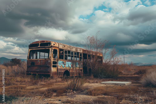 Abandoned Bus in Rural Setting: Eerie, Decaying Vehicle with Overgrown Vegetation