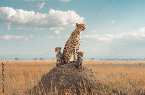 A mother cheetah and her cubs perched on top of a hill in the savannah, their spots blending in with the natural surroundings as they watched for prey.