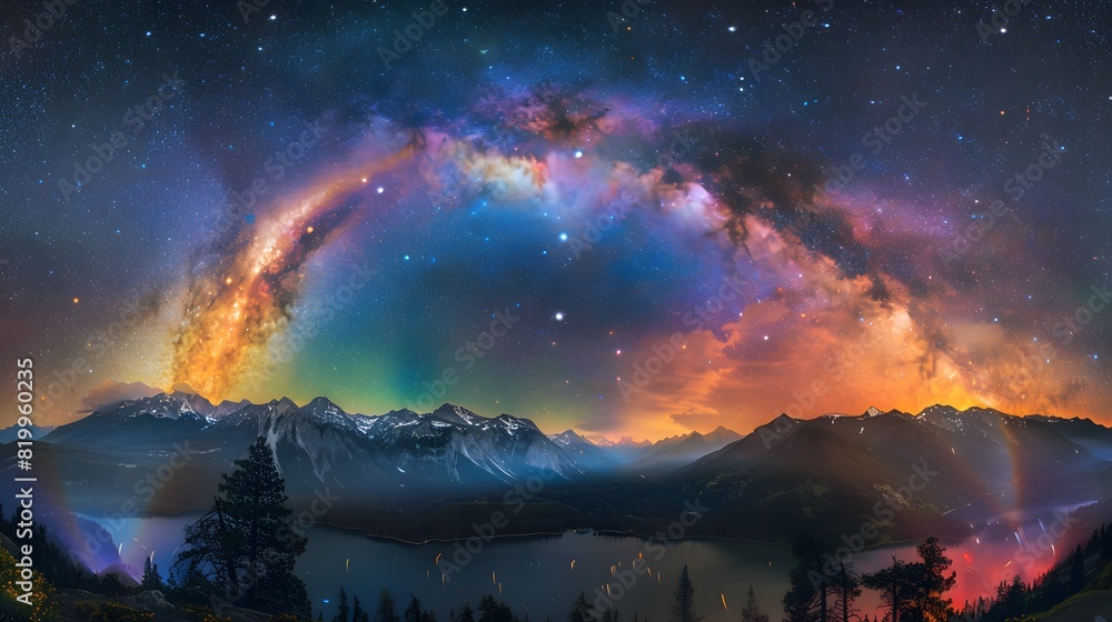 Naklejka premium A panoramic photo of the Milky Way over Lake Celestial's summer night sky, featuring vibrant colors and a radiant rainbow arching across its center. 