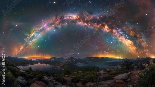 A panoramic photo of the Milky Way over Lake Celestial's summer night sky, featuring vibrant colors and a radiant rainbow arching across its center. 