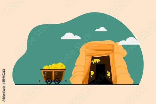 A cartoonish drawing of a train pulling a cart full of gold. The scene is set in a cave, with a large building in the background