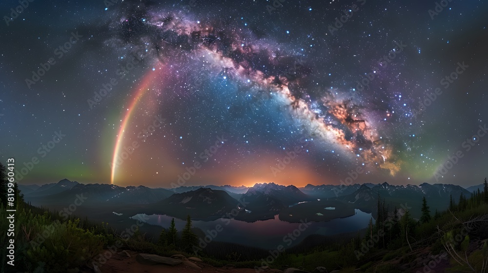 A panoramic photo of the Milky Way over Lake Celestial's summer night sky, featuring vibrant colors and a radiant rainbow arching across its center.
