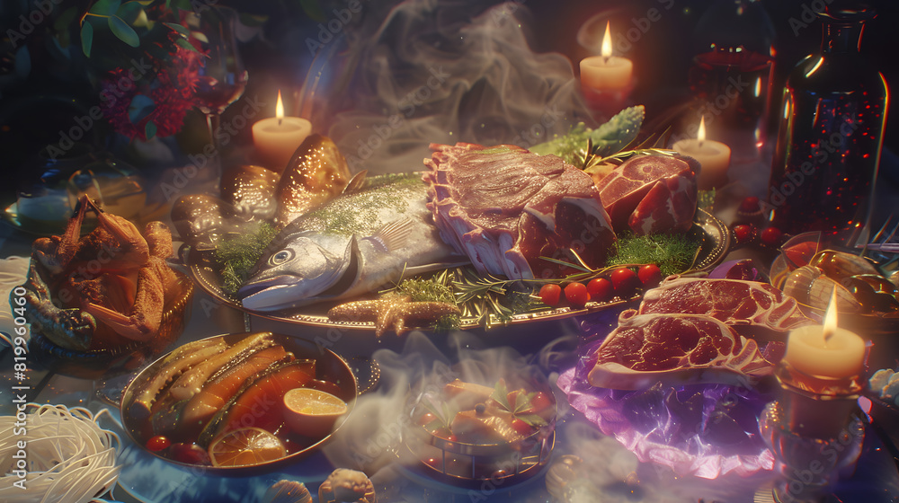 Mystical Feast, A Fantastical Spread of Enchanted Delicacies and Candlelit Ambiance